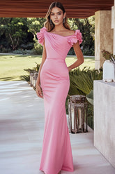 Rosa Meerjungfrau Satin Gerafftes Langes Ballkleid mit gerüschten Ärmeln